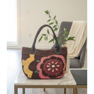 Fossil Embroidered Floral Canvas Tote Bag Brown  Handles